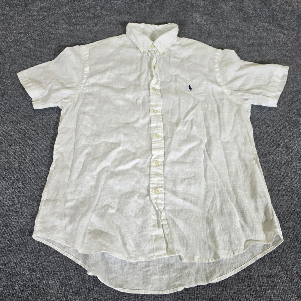 Polo Ralph Lauren Mens White 100% Linen Short Sleeve Custom Fit Shirt Large